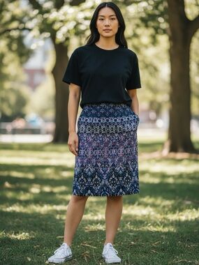 J. Jill Navy, Purple and Pink Patterned Pencil Skirt